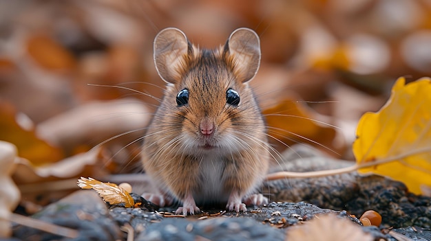 A cute mouse with brown fur big eyes and long whiskers sitting in a pile