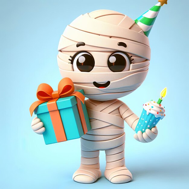 Photo cute mummy holding gift box birthday party cartoon 3d