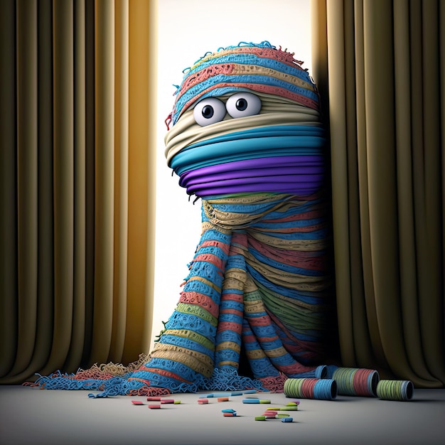 Cute mummy made of colorful curtains