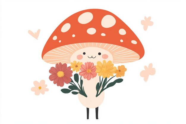 Photo cute mushroom character carrying flowers