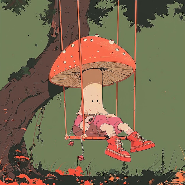 A cute mushroom dressed in punk hanging from a tree branch on an orange swing with pink shoes in