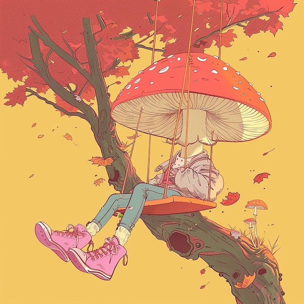 A cute mushroom dressed in punk hanging from a tree branch on an orange swing with pink shoes in