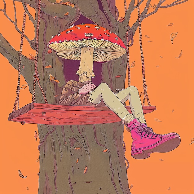 A cute mushroom dressed in punk hanging from a tree branch on an orange swing with pink shoes in