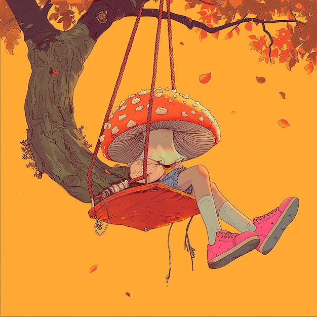 A cute mushroom dressed in punk hanging from a tree branch on an orange swing with pink shoes in