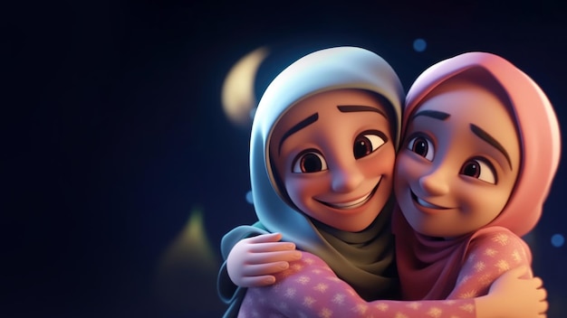 Cute Muslim Girl Character Hugging and Wishing Each Other on Eid Mubarak Concept Generative AI