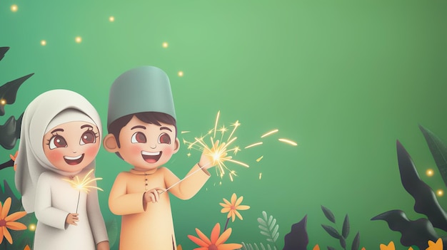 Cute muslim kids having fun with sparklers celebrating eid festival theme