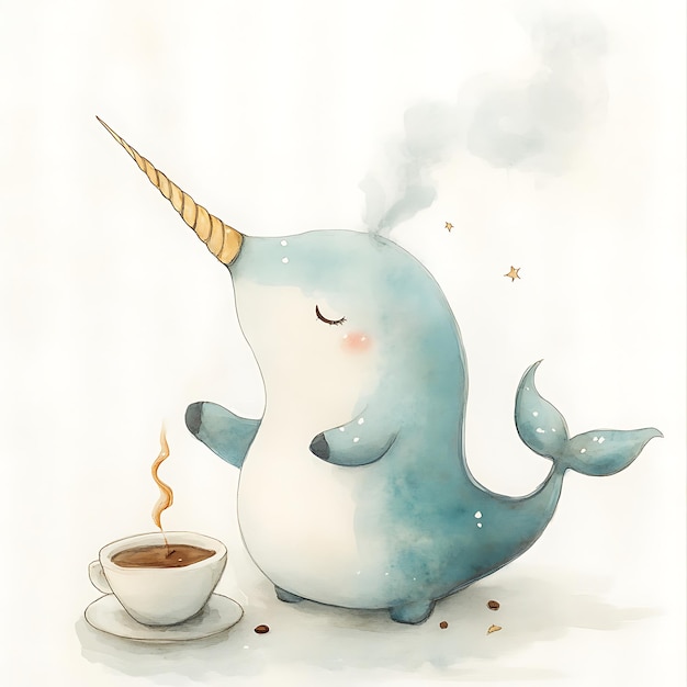 Photo cute narwhal enjoying a cup of coffee with a smile