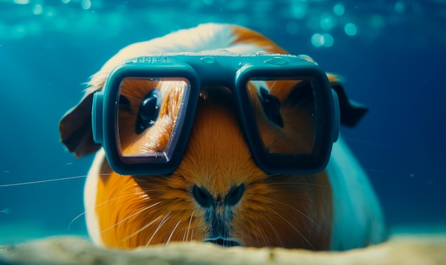 Cute neb of a guinea pig wearing goggles Close up Drops of water on the glasses Blue blurred backdrop Generative AI