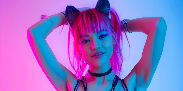 A cute neko girl with pink hair dancing and posing in neon lighting Concept Anime Dancing Neon Lights Neko Girl Kawaii