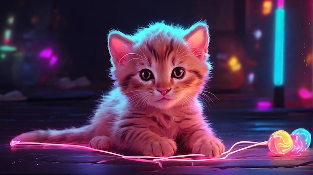 Cute neon art with a kitten ai generated