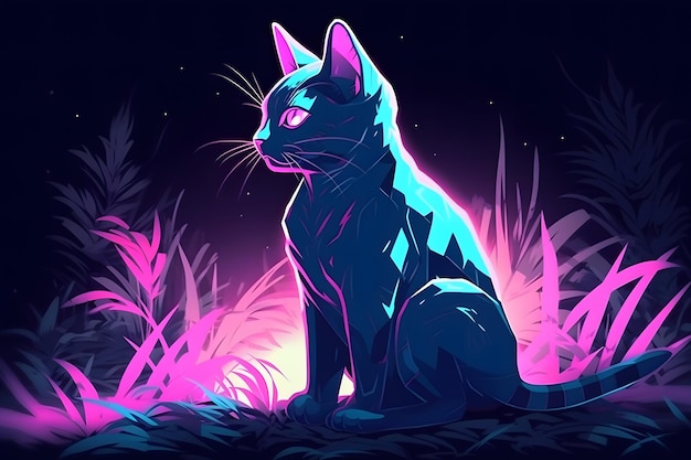 Cute neon art with a kitten Neural network AI generated