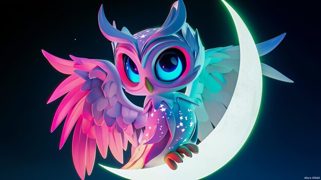 Photo cute neon owl on crescent moon