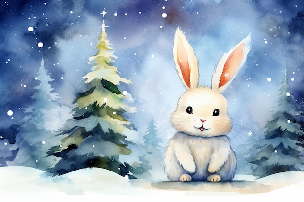 cute new year bunny next to Christmas tree