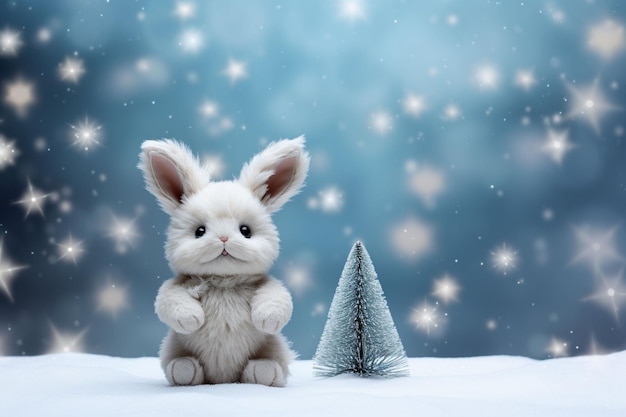 cute new year bunny next to Christmas tree