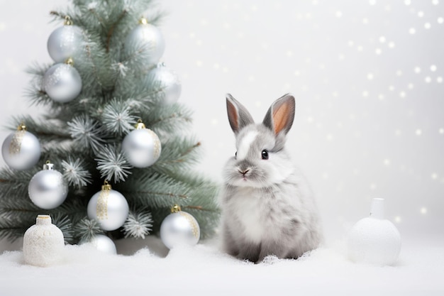 cute new year bunny next to Christmas tree