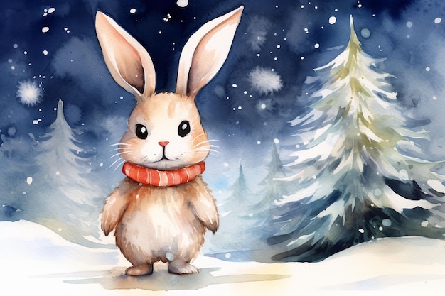 cute new year bunny next to Christmas tree