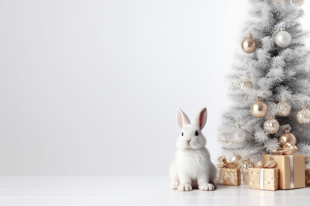 cute new year bunny next to Christmas tree