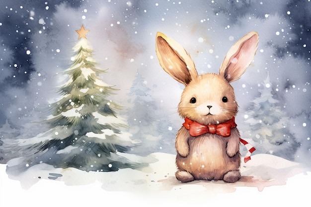 cute new year bunny next to Christmas tree