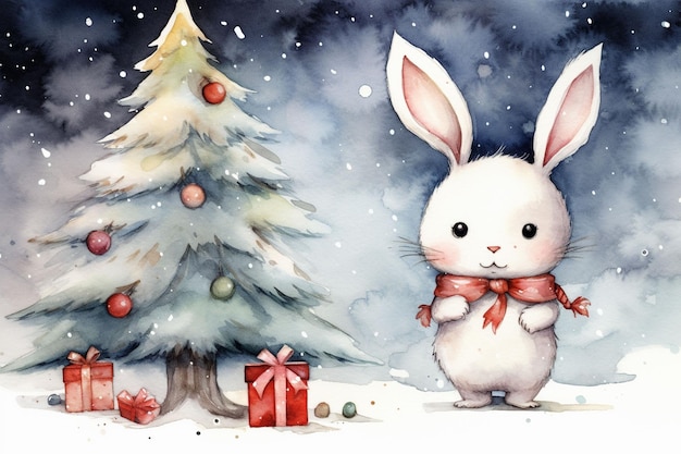 cute new year bunny next to Christmas tree