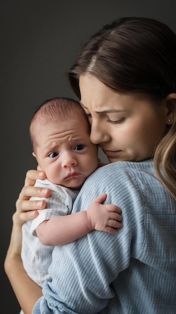 Cute newborn kid frightenedly looks aside while good looking young mother gently huggs baby express