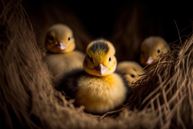 Cute newborn tiny ducklings Little yellow ducklings on hay