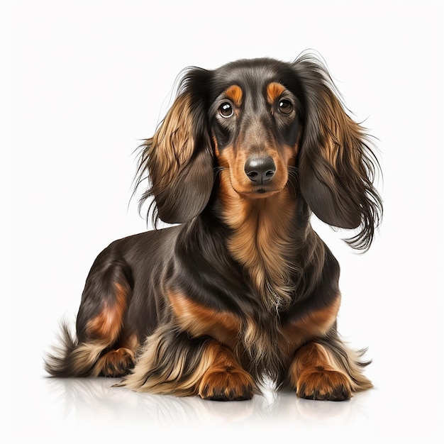 Cute nice dog breed longhaired dachshund isolated on white closeup beautiful pet fluffy dog