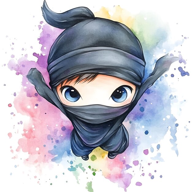 Photo cute ninja cartoon character watercolor illustration