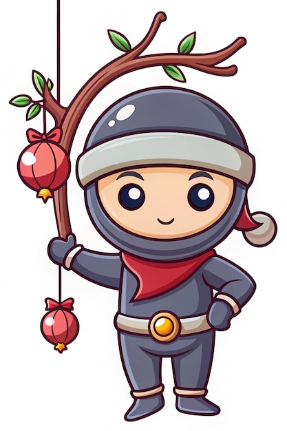 Photo cute ninja fighter hanging on tree cartoon vector icon