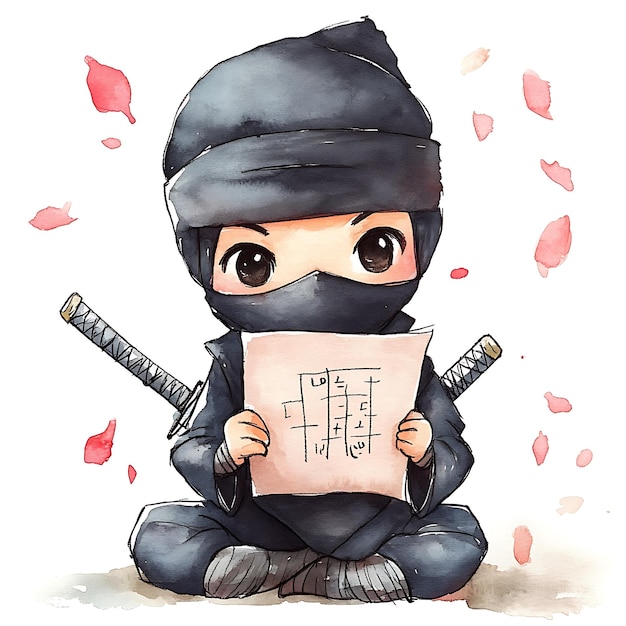 Photo cute ninja warrior holding a strategy paper with swords