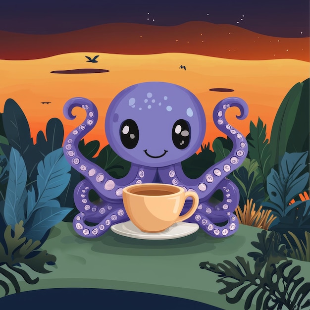 Cute Octopus Enjoying a Cup of Coffee in a Tropical Setting