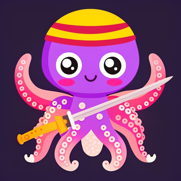 Photo cute octopus ninja holding sword cartoon vector icon illustration animal nature icon concept isolated premium vector flat cartoon style