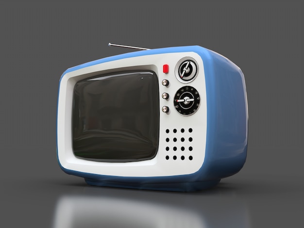 Cute old blue tv with antenna on a gray surface