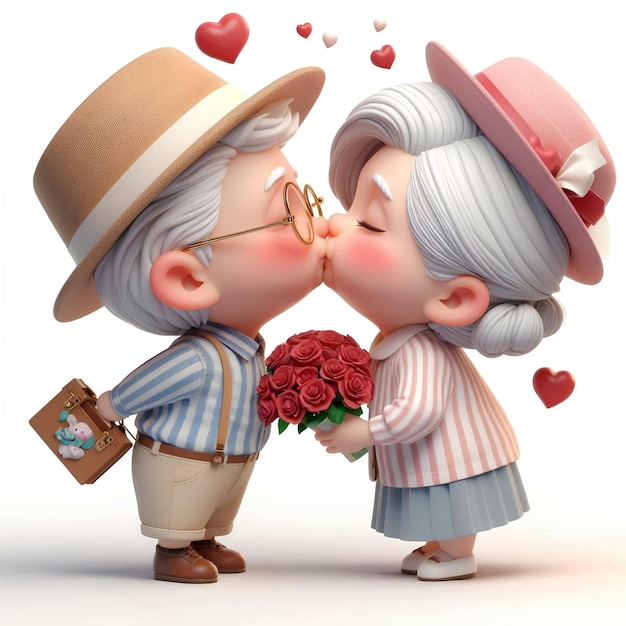 cute old couple in love kissing sitting on a park bench smiling 3D rendering art