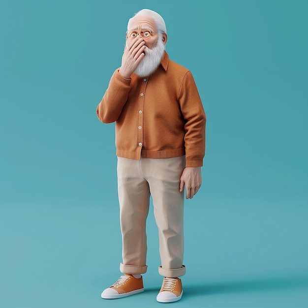 Cute Old Man Covering Mouth with Hand 3D Isolated