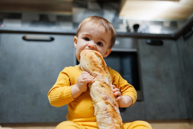 A cute oneyearold boy is sitting in the kitchen and eating a long bread or baguette in the kitchen The first eating of bread by a child Bread is good for children