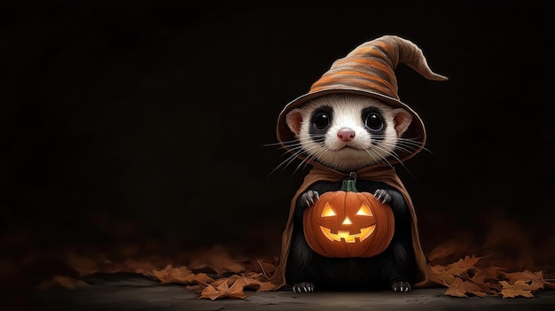 Cute opossum in a wizard hat with a pumpkin autumn leaves background