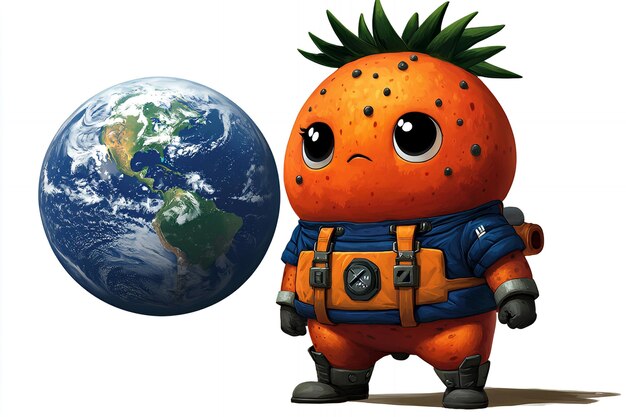 Photo cute orange alien character holding earth globe