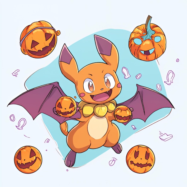 Photo cute orange cartoon character holding pumpkins for halloween