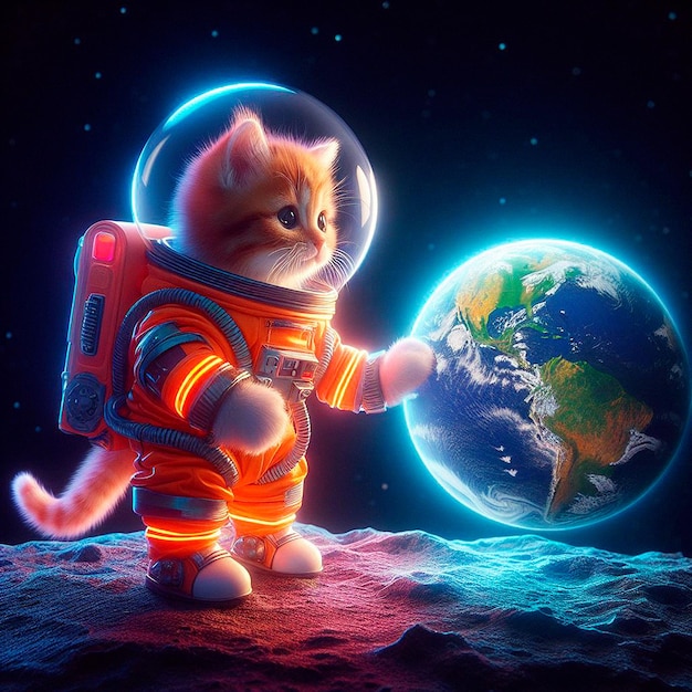 Cute orange kitten astronaut in space suit holding planet Earth