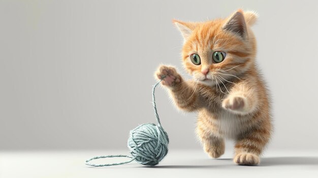 Cute orange kitten playing with a ball of yarn