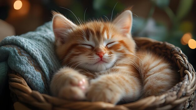 Cute Orange Kitten Sleeping in a Basket Photo