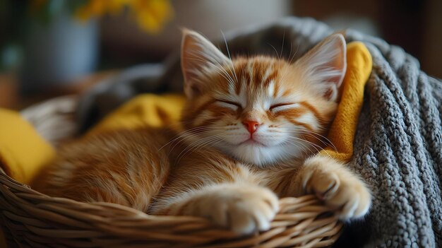 Cute Orange Kitten Sleeping in a Basket Realistic Photo