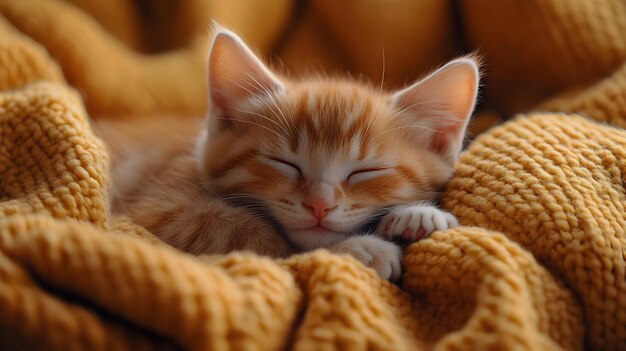 Cute Orange Kitten Sleeping on a Yellow Blanket Photo