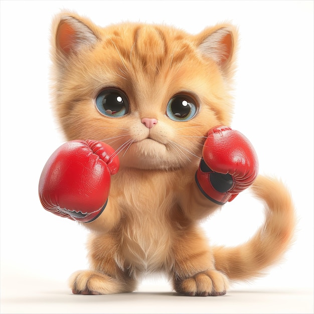 A cute orange kitten wearing red boxing gloves ready to fight