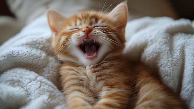 Photo cute orange kitten yawning on white blanket photo