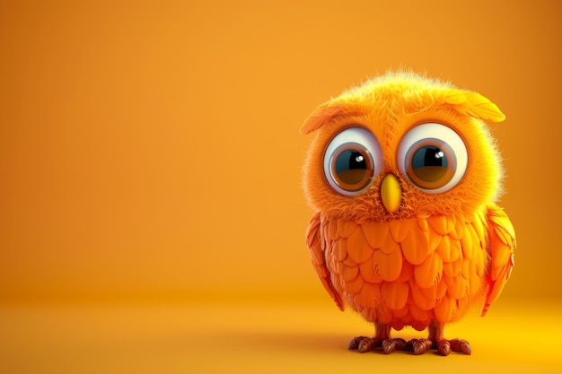 Cute Orange Owl with Big Eyes on a Yellow Background