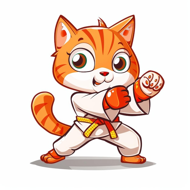 A cute orange tabby cat wearing a white karate uniform with a yellow belt in a fighting stance