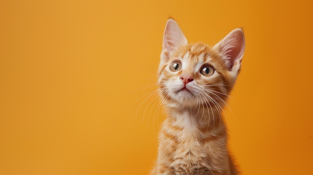 Cute orange tabby kitten looking up with curious expression on orange background