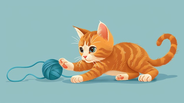 Cute orange tabby kitten playing with a blue ball of yarn