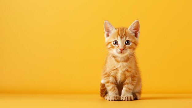 A cute orange tabby kitten sitting on a yellow background